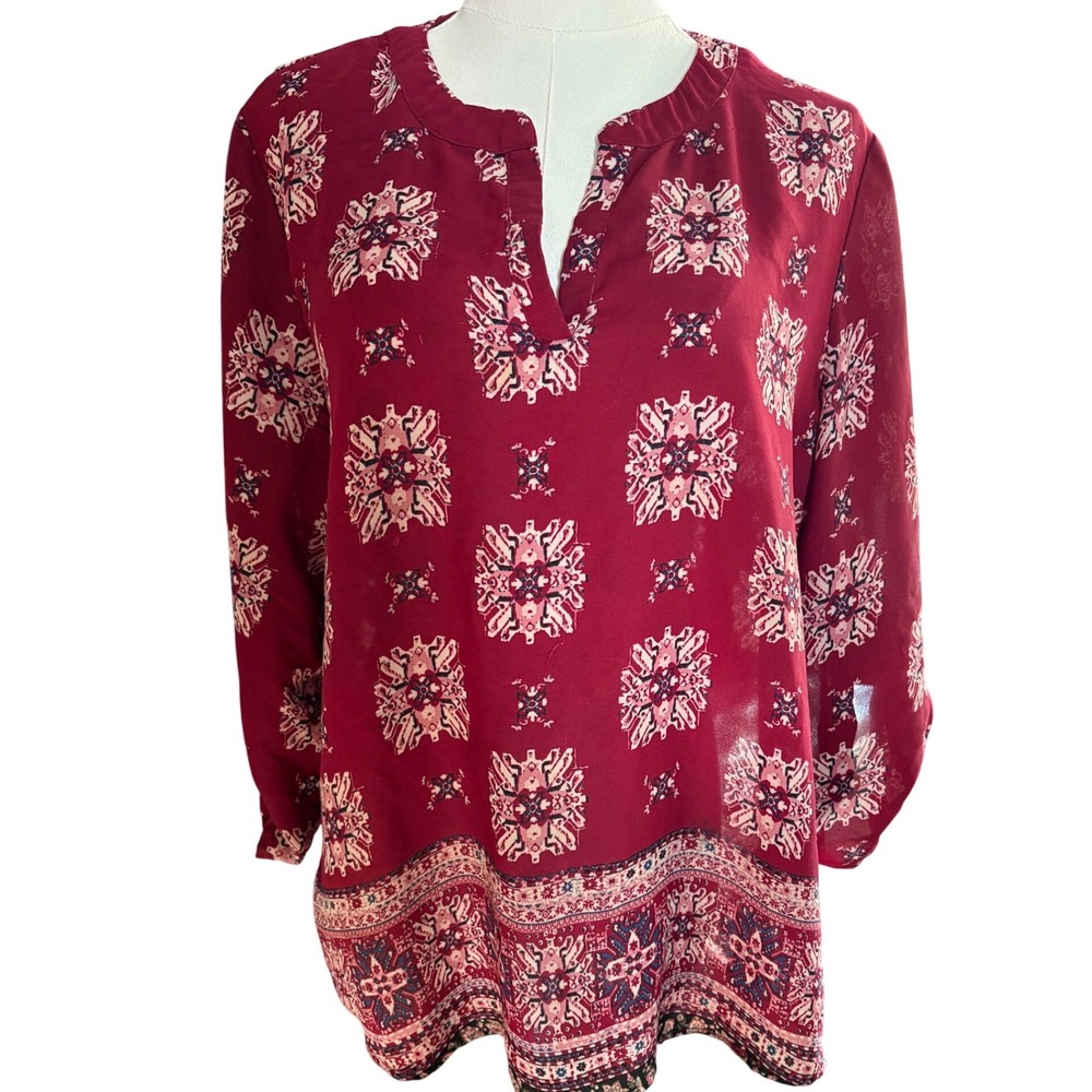 Pink Republic Womens Large Burgundy Medallion Print 3/4 Roll Tab Tunic Blouse